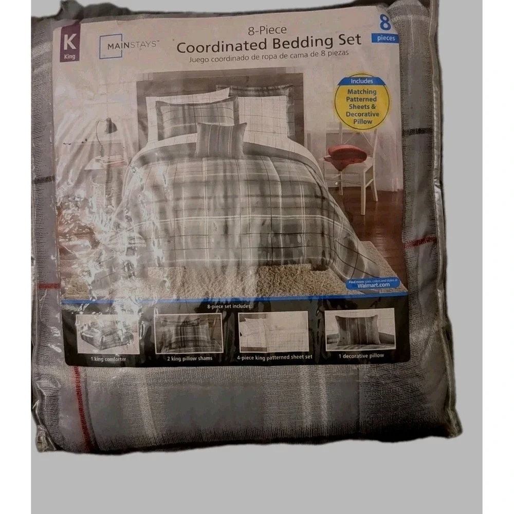 Brand New Mainstays 8 Piece Coordinated Bedding Set King Size In Beautiful Grays